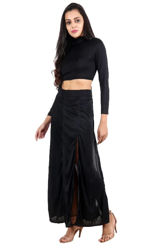 Black Solid Criss Cross Top with Slit Skirt