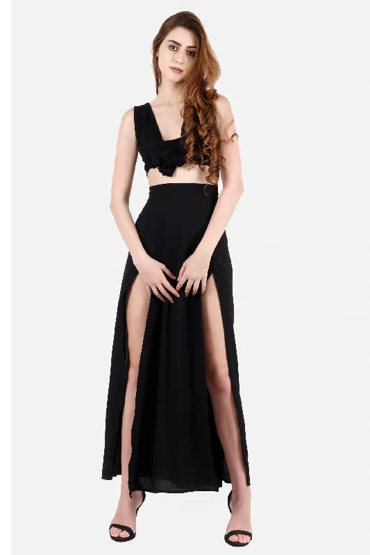 Black Solid Multiway Crop Top with Slit Skirt