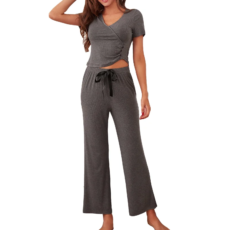 RH Pajamas Set Women Rib Crop Top Pants Pullover Lounge Pjs Set Pajama RHW4021