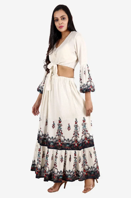 White Floral Printed Skirt Crop Top with Skirt