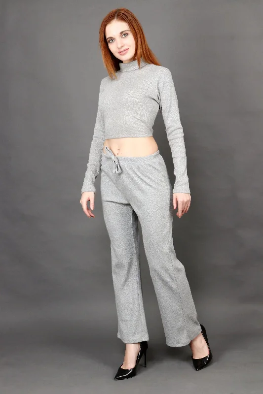 Grey Solid High Neck top with Pyjama