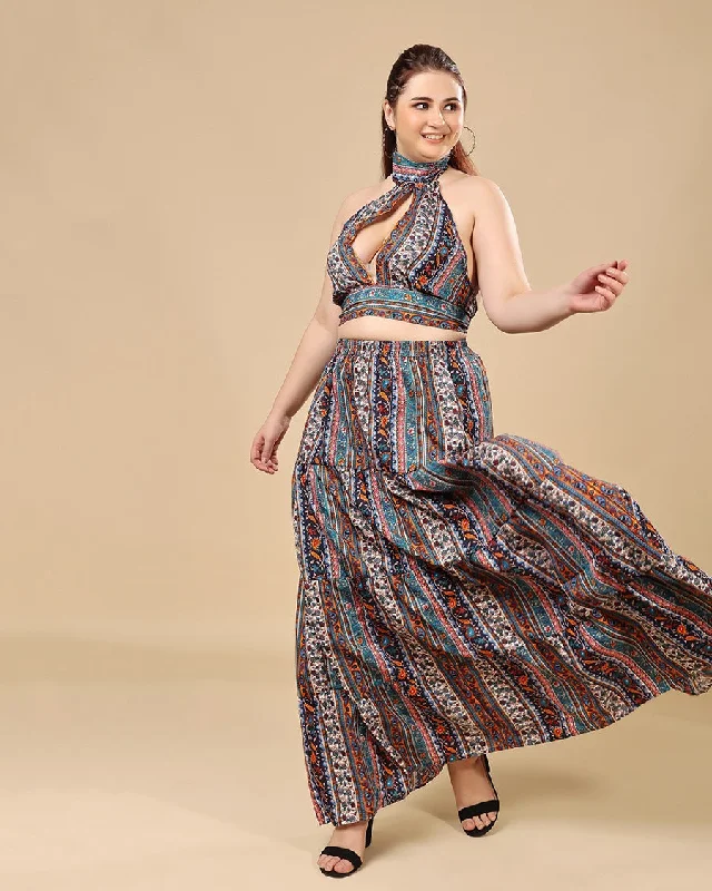 Multicolored Ethnic Printed Crop Top with Skirt