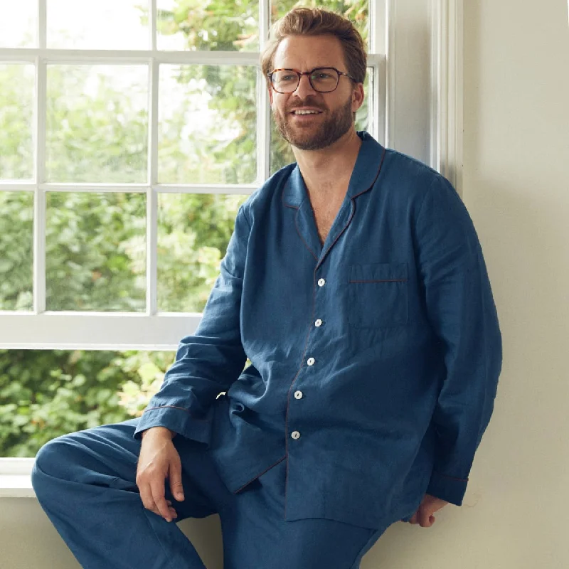 Marine Blue Linen Men's Pyjama Trouser Set