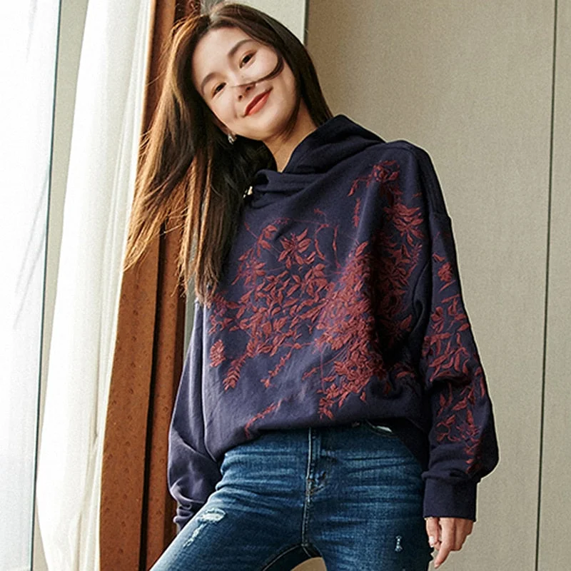 Women Hoodie Embroidery Loose Terry  Long Sleeves Casual