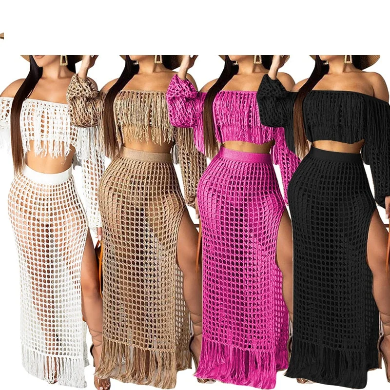 women off shoulder Tops +long skirts bikini swimwear