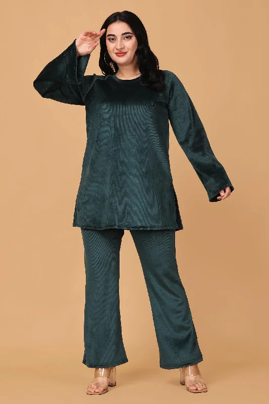 Solid Ribbed Knit Co-ord Set-Green