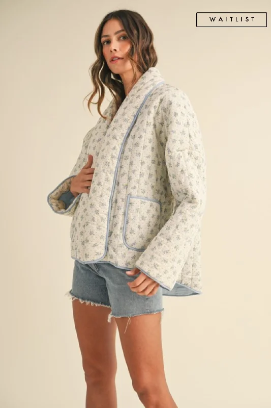 Waitlist 11/12 ♥ Norah Long Sleeve Floral Print Open Front Quilted Shacket Blue