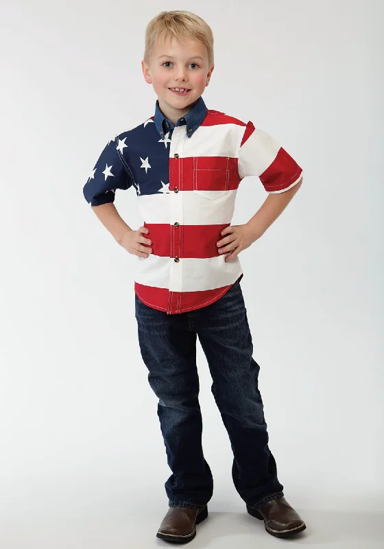 Roper Americana Boys White 100% Cotton Stars & Stripes S/S Button Shirt