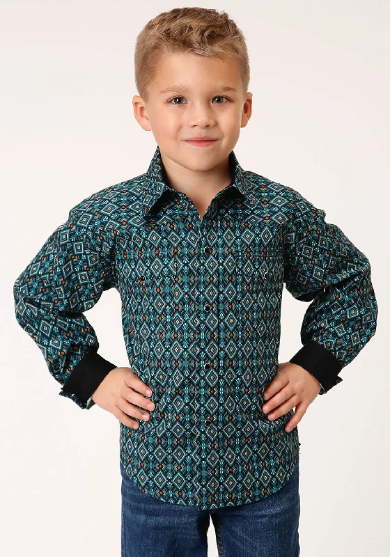 Roper Boys Kids Black/Green 100% Cotton Diamond Aztec L/S Shirt