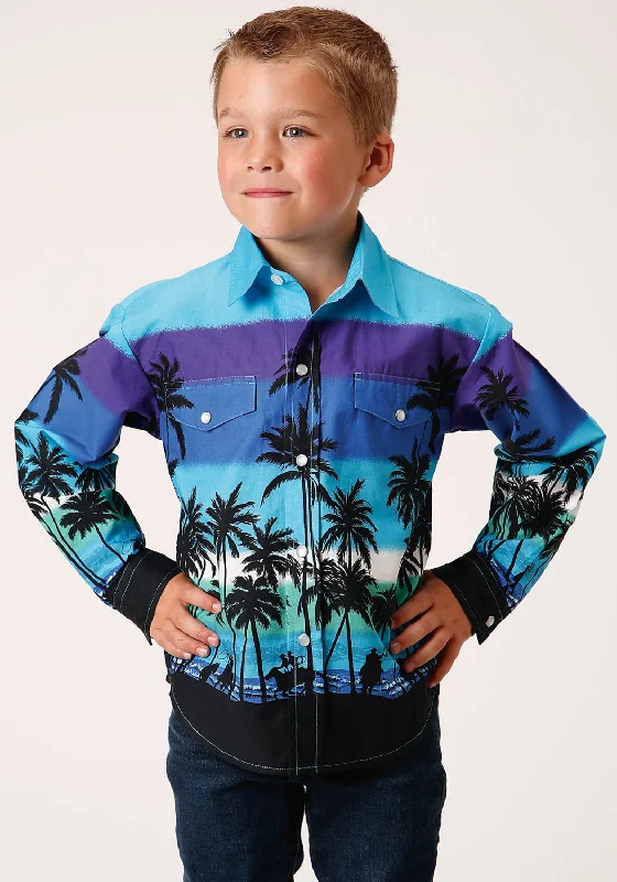 Roper Boys Kids Blue 100% Cotton Beach Roundup Border L/S Shirt