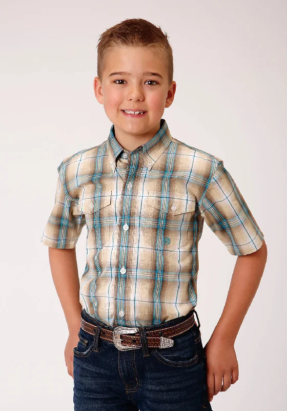 Roper Boys Kids Khaki/Blue 100% Cotton Saddle Plaid BD S/S Shirt