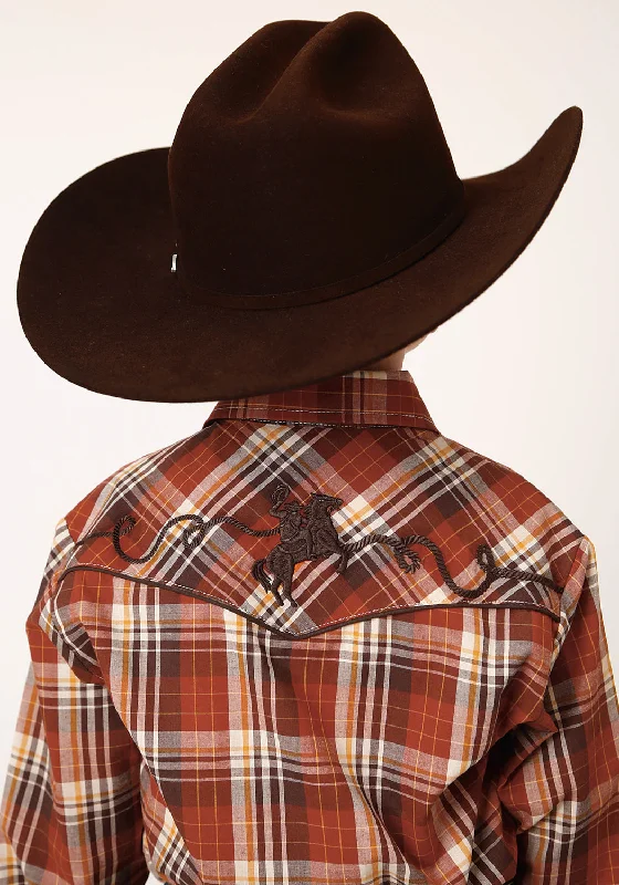 Roper Boys Kids Rust/Brown Cotton Blend Bronc Rider L/S Plaid Shirt