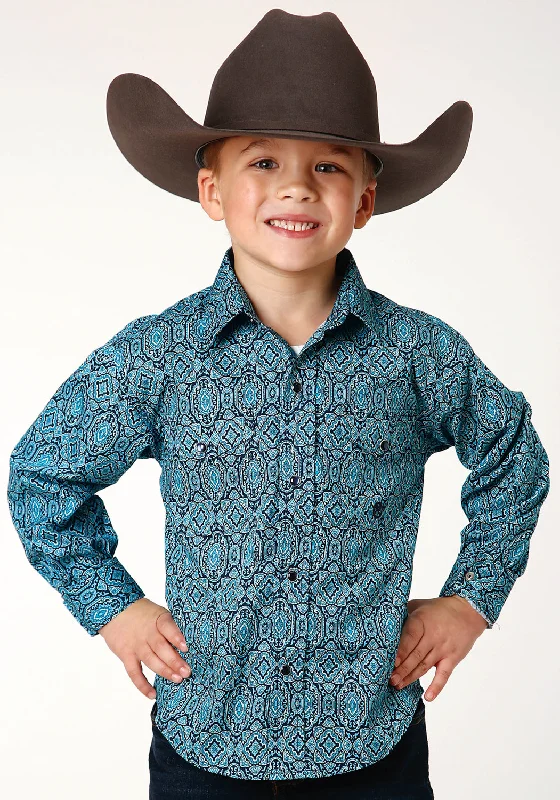 Roper Boys Kids Turquoise 100% Cotton Medallion Paisley L/S Shirt