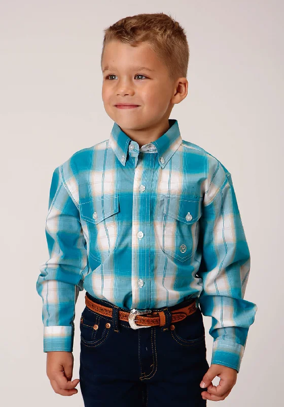 Roper Boys Kids Turquoise 100% Cotton Sand Ombre Plaid BD L/S Shirt