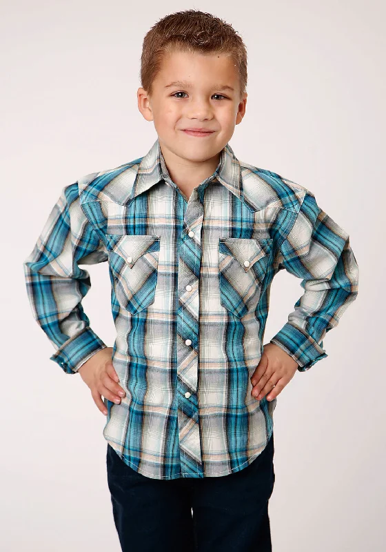 Roper Boys Kids Vintage Turquoise 100% Cotton Plaid L/S Shirt