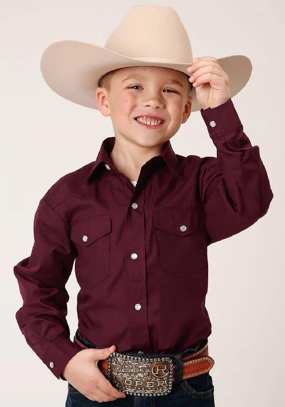 Roper Boys Kids Wine Cotton Blend Solid Broadcloth L/S Shirt L