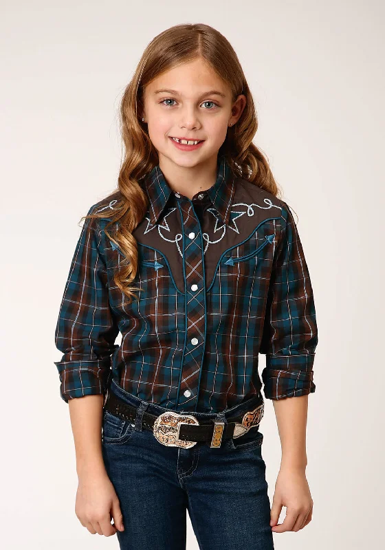 Roper Girls Brown/Teal Cotton Blend Windowpane L/S Plaid Shirt