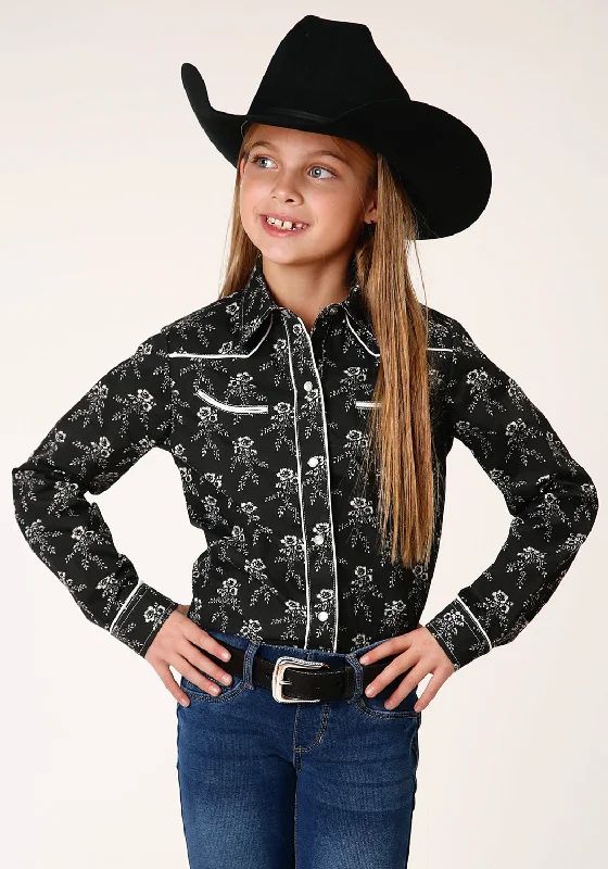 Roper Girls Kids Black/Cream Cotton Blend Floral Print L/S Shirt