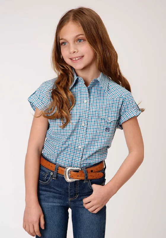 Roper Girls Kids Blue Cotton Blend Stretch Check S/S Shirt L