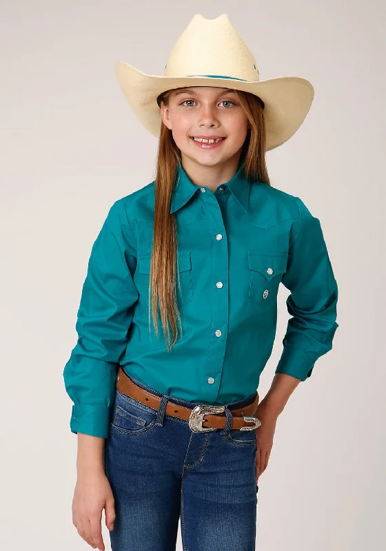 Roper Girls Kids Turquoise Cotton Blend Solid Poplin L/S Shirt M