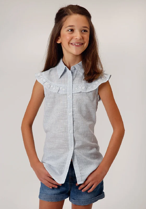 Roper Girls Light Blue 100% Cotton Ruffle Yoke S/L Shirt