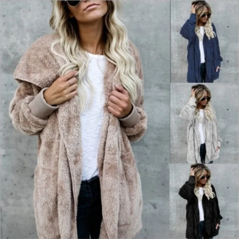 S-5XL Faux Fur Teddy Bear Coat Jacket Women Fashion Open Stitch Winter Hooded Coat Female Long Sleeve Fuzzy Jacket 2018 Hot New