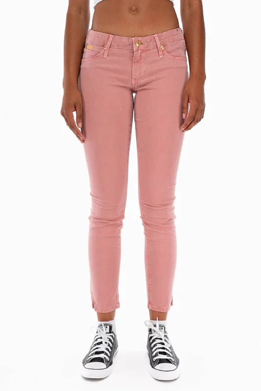 ROBIN'S LOW RISE WOMENS SKINNY JEANS IN STRAWBERRY WITH GOLD EMBROIDERY AND LOGO