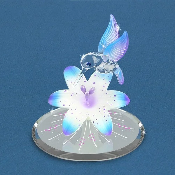 Hummingbird on Blue Lily with Blue Crystals Glass Figurine