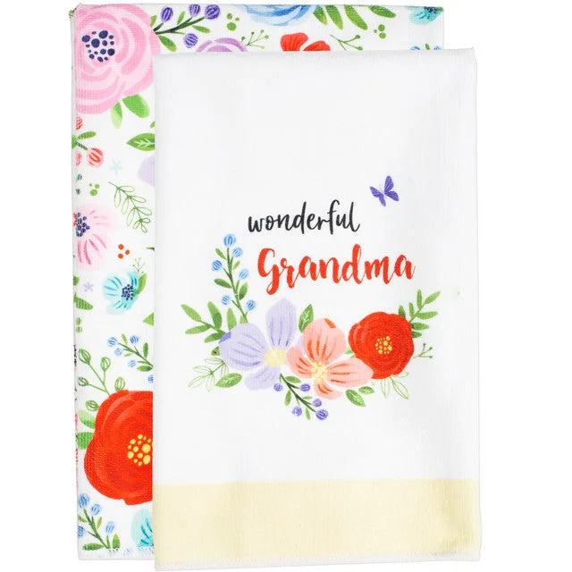 Wonderful Grandma Floral Tea Towels Gift Set of 2