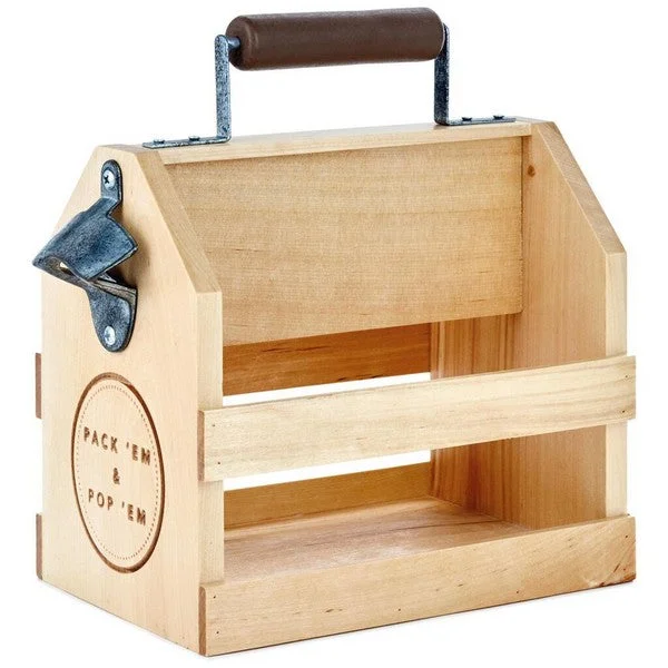 Hallmark Wooden Beer Bottle Carrier With Bottle Opener