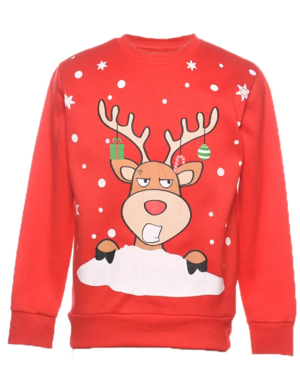 Reindeer Design Red Christmas Sweatshirt - XS