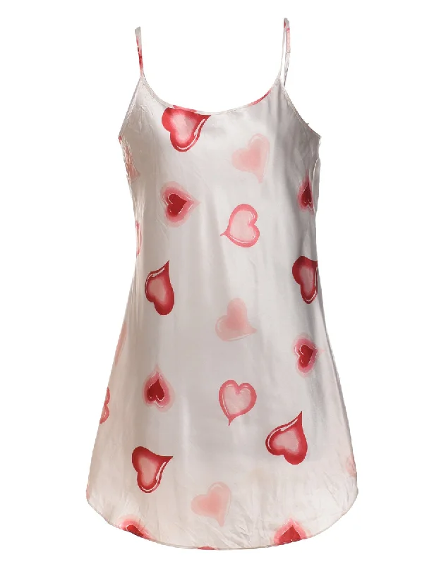 White & Pink Heart Design Strappy Patterned Slip Dress - M