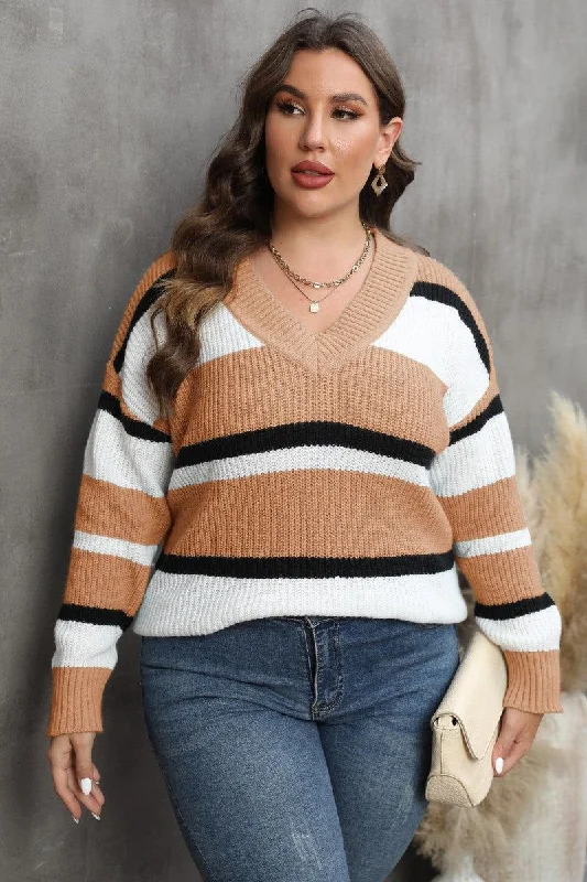 WOMEN STRIPE PATTERN RIBBED KNIT SWEATSHIRT