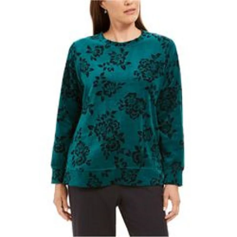 Karen Scott Women's Petite Floral-Print Sweatshirt Green Size Small