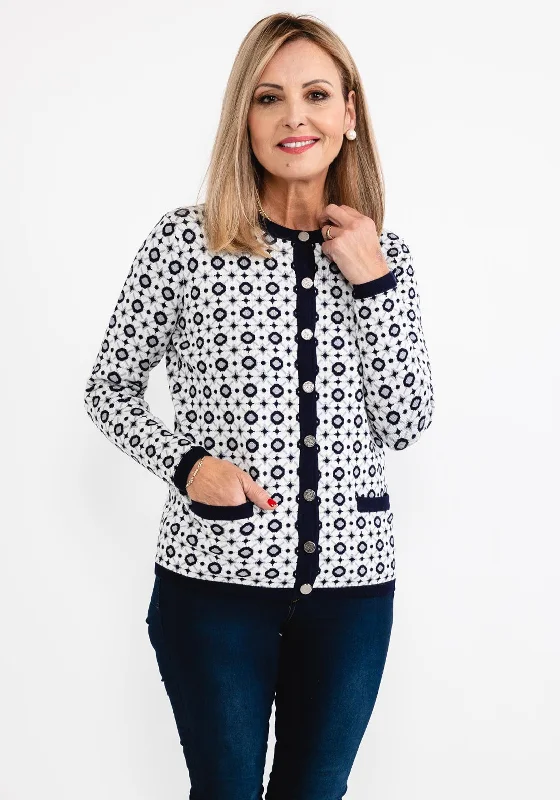 Castle of Ireland Geo Pattern Knit Cardigan, White & Navy