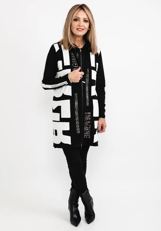 I’cona Letter Print Zip Long Cardigan, Black & White