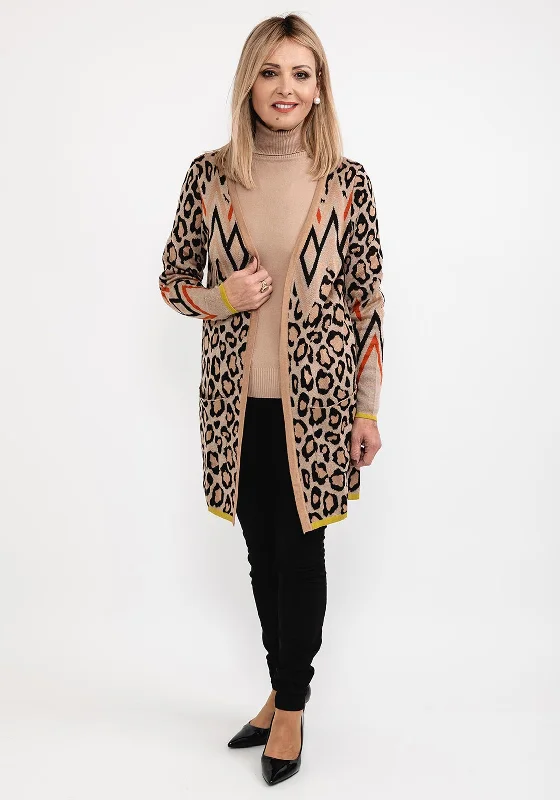 I’cona Mix Animal Print Long Open Cardigan, Camel Multi