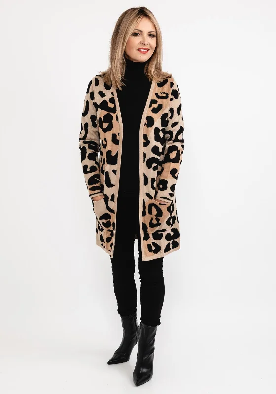 I’cona Animal Print Long Open Cardigan, Camel & Black