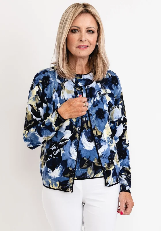 Micha Fine Knit Floral Cardigan, Blue Multi