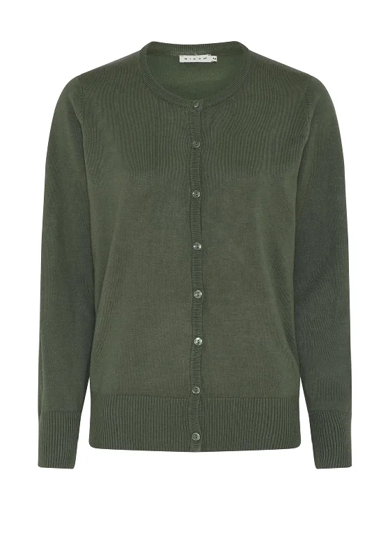 Micha Round Neck Fine Cardigan, Khaki Green