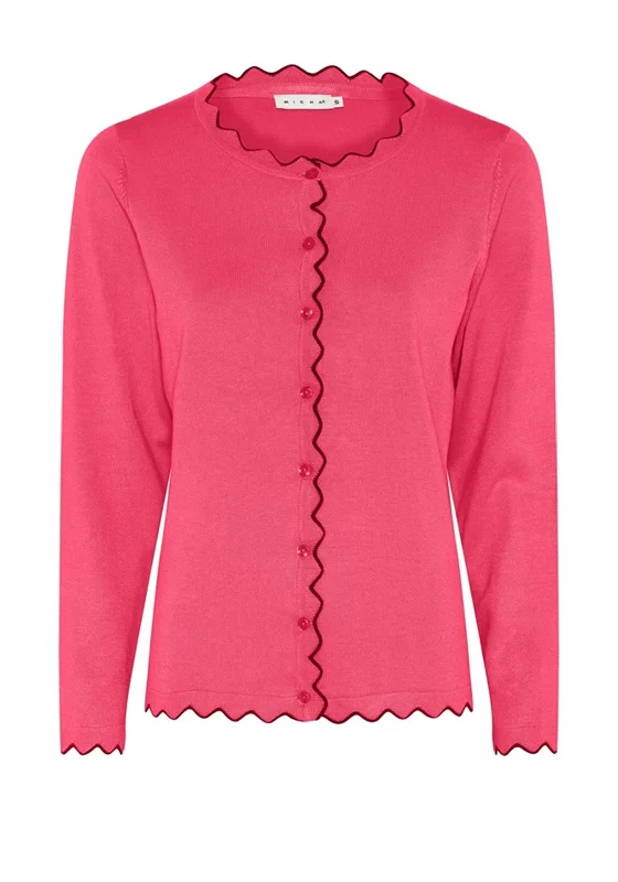 Micha Geometric Cut Trim Fine Cardigan, Hot Pink