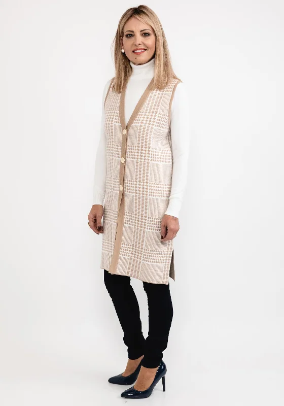 Micha Houndstooth Knit Sleeveless Long Cardigan, Beige