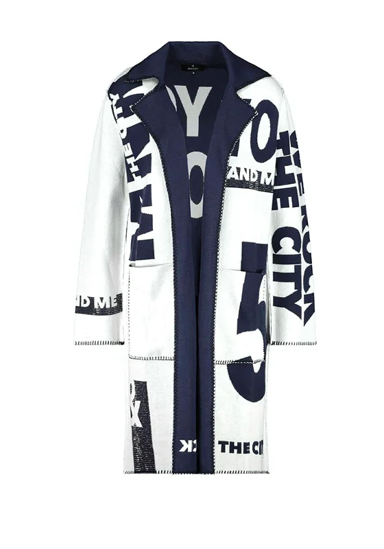 Monari Text Print Knit Long Cardigan, White & Navy