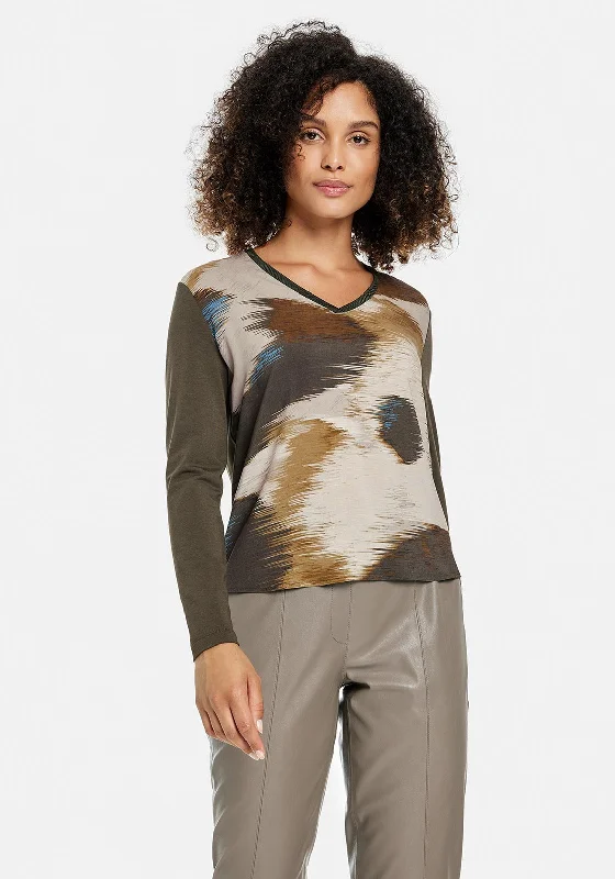 Gerry Weber Brushstroke Print V Neck Top, Khaki Multi