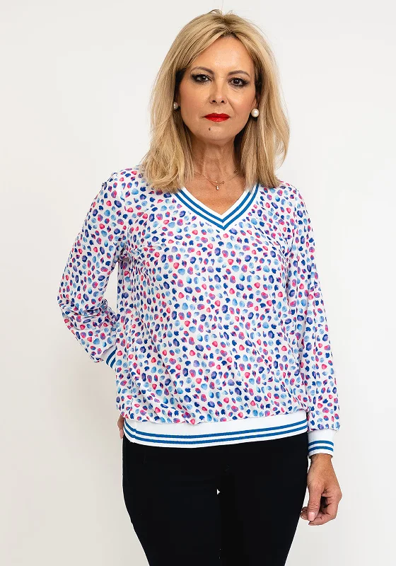 Leon Collection Sandra Abstract Dot V Neck Top, Blue Multi