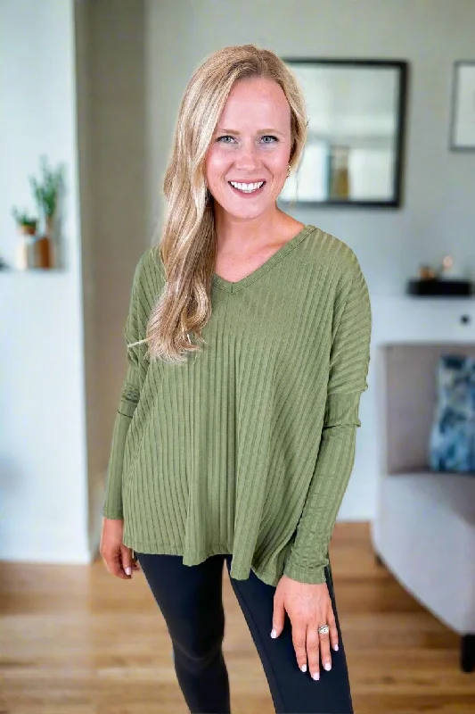 Olive Textured Stripe V Neck Long Sleeve Top