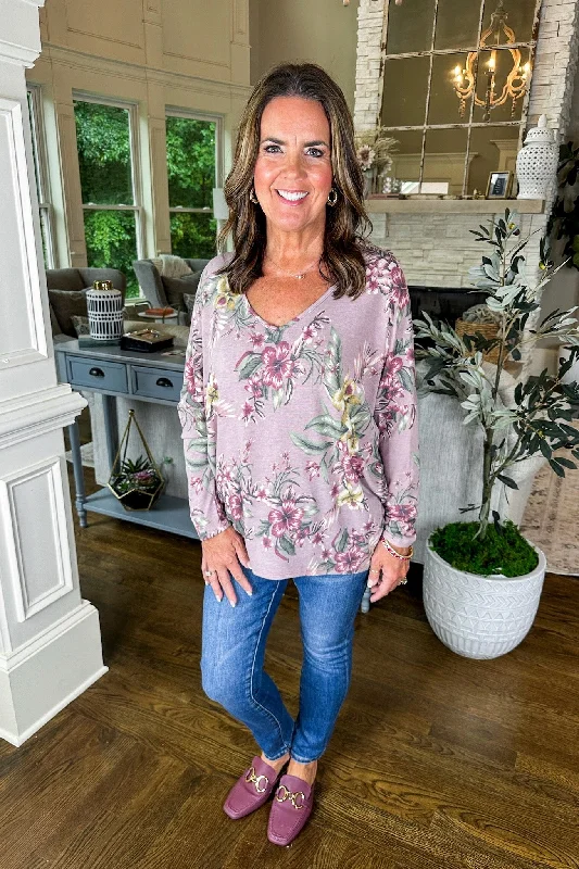 Soft Mauve Floral V Neck Long Sleeve Shift Top