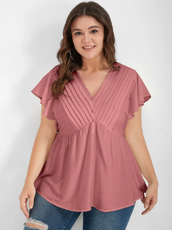 Solid Pleated Ruffled Button Lace V Neck Blouse