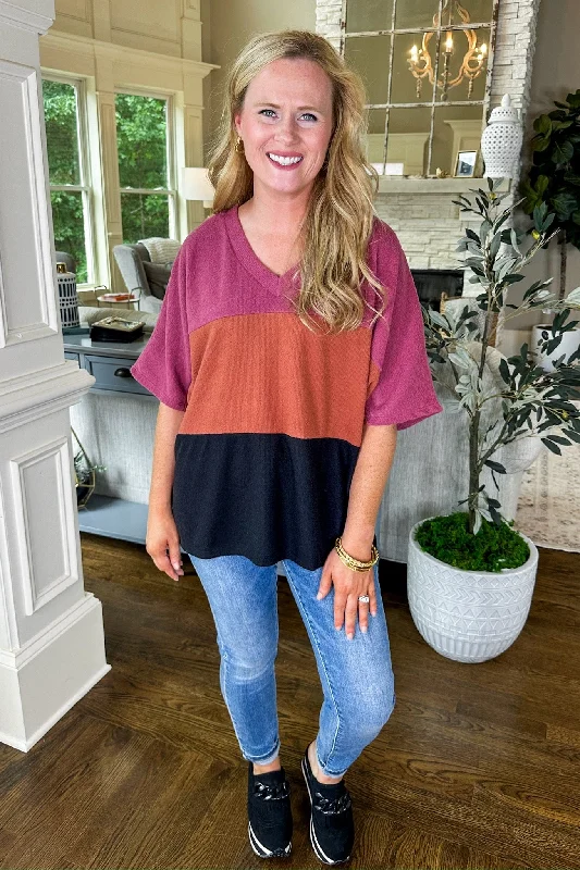 Super Soft Drop Shoulder Color Block Fall Toned V Neck Top