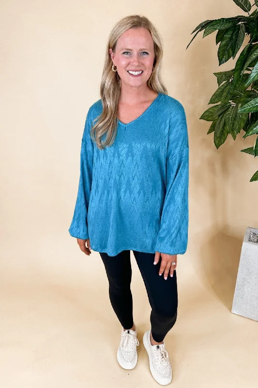 Teal Soft Textured Chevron V Neck Bubble Long Sleeve Top